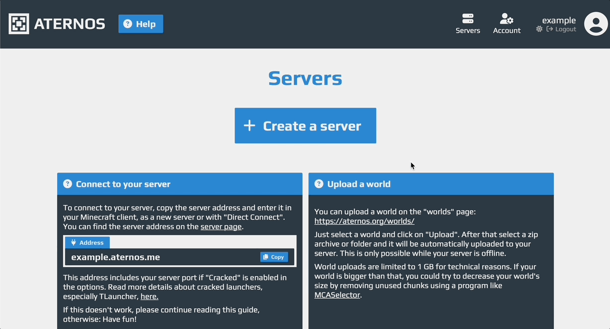  Create you account and create your server