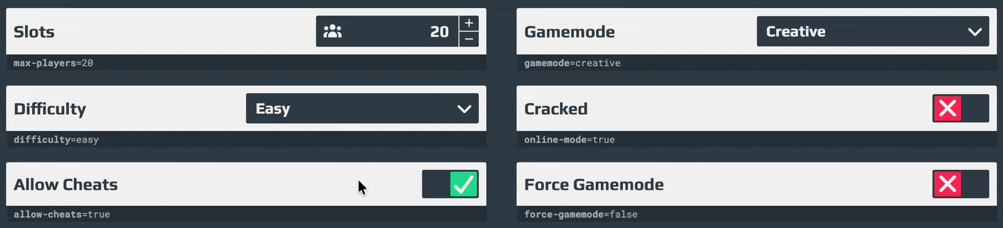 "Allow Cheats" being disabled and "Gamemode" being changed to "Survival"