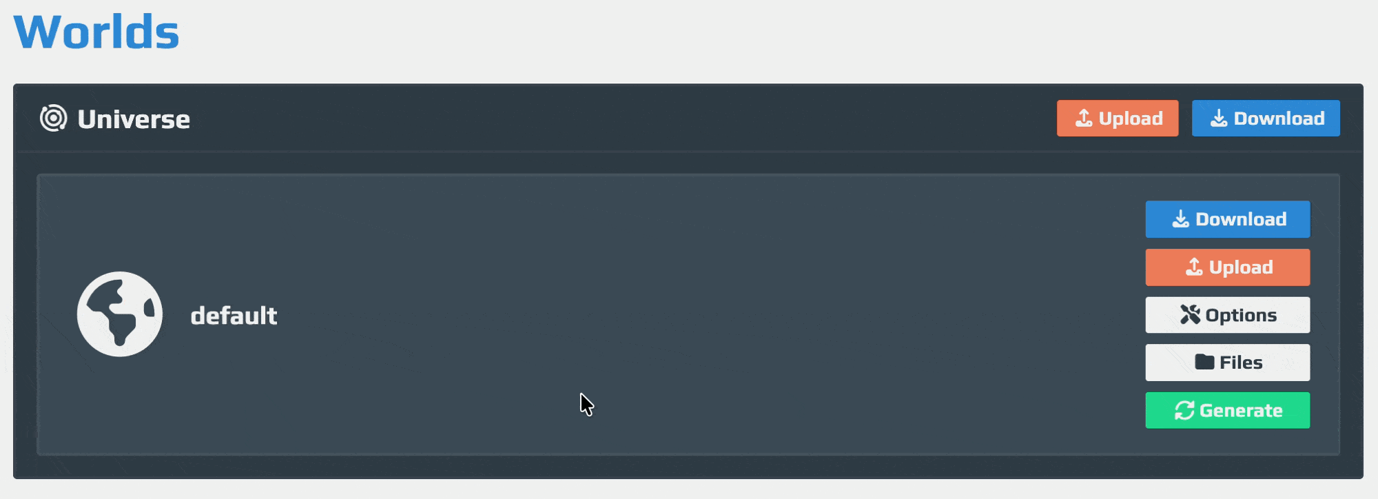 The upload button next to the Universe headline is clicked, and a dropdown opens with two options: Folder and Zip Archive.