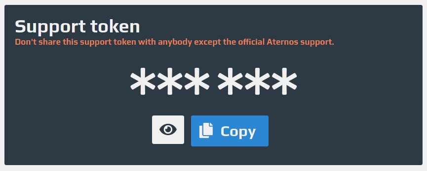 Support token section of the Aternos account settings