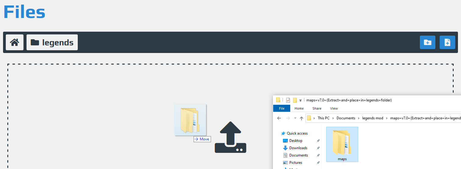 Folder "maps" dragged from system file manager into "legends" folder of the server